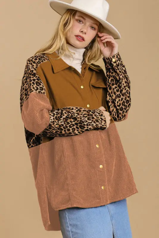 Beige leopard patchwork high low shirt jacket - shackets