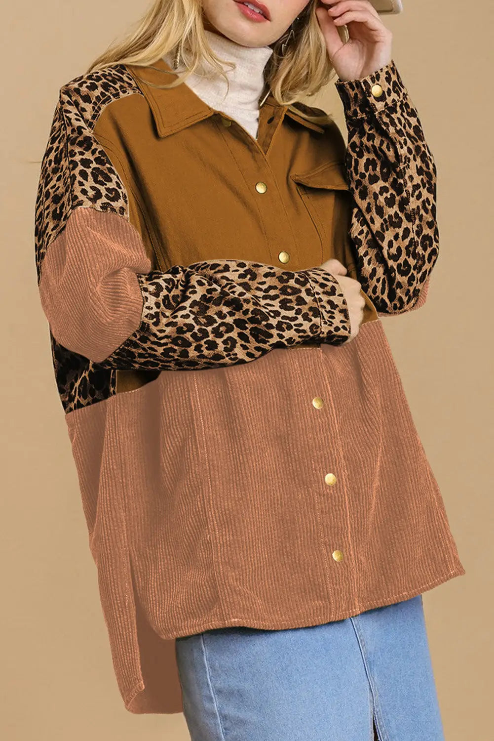 Beige leopard patchwork high low shirt jacket - orange / s