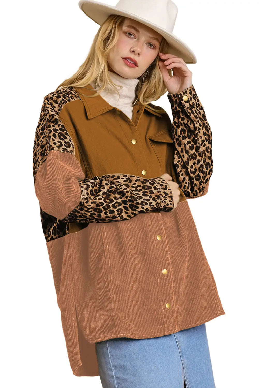Beige leopard patchwork high low shirt jacket - shackets
