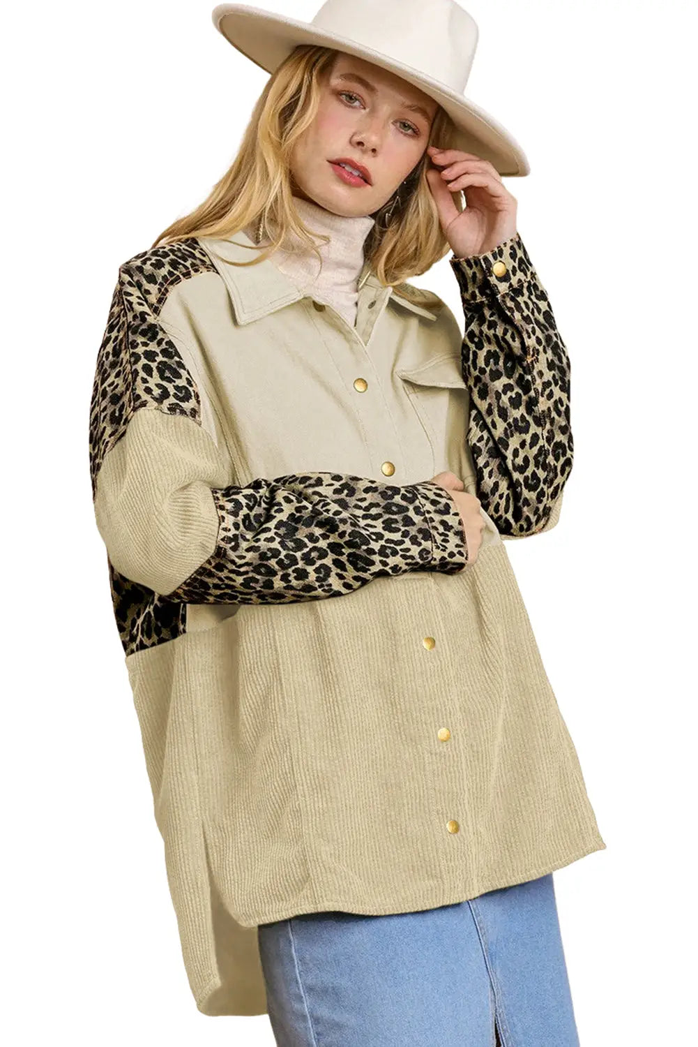 Beige leopard patchwork high low shirt jacket - shackets