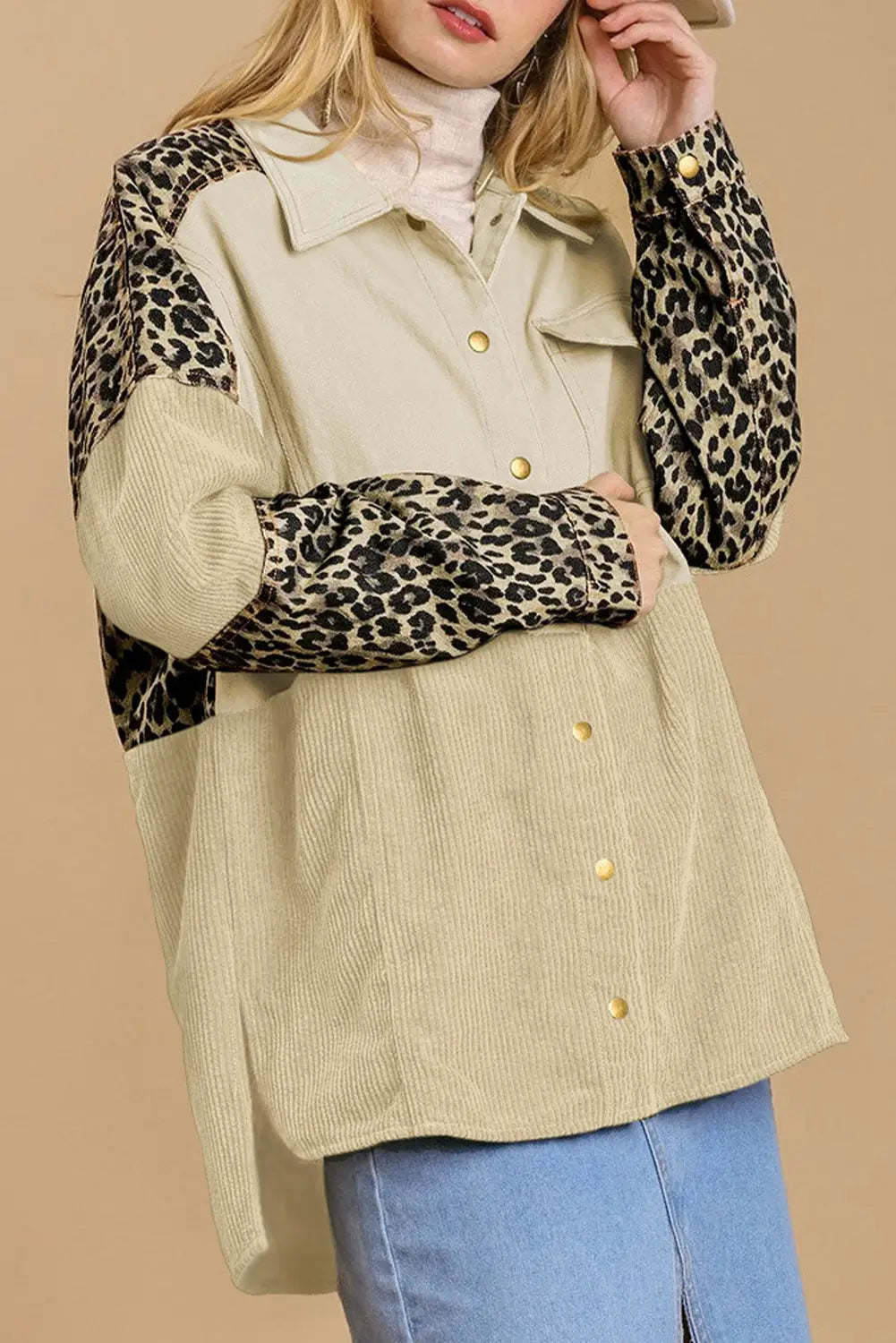 Beige leopard patchwork high low shirt jacket - s