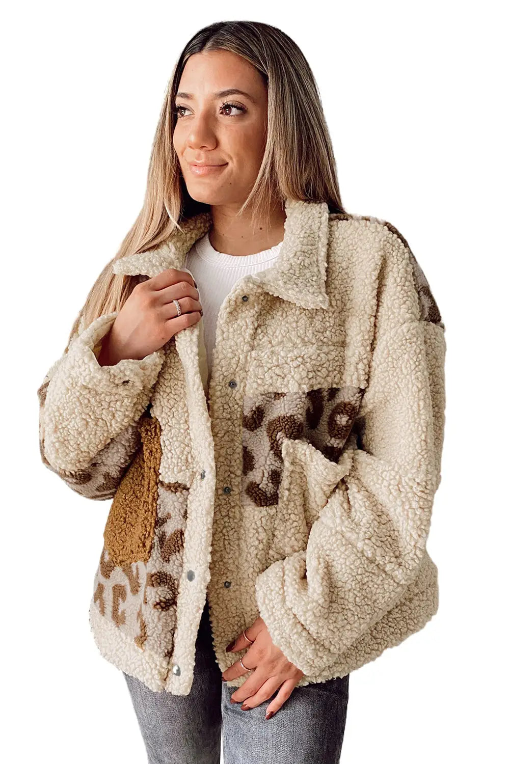 Beige leopard patchwork snap buttons sherpa jacket - jackets