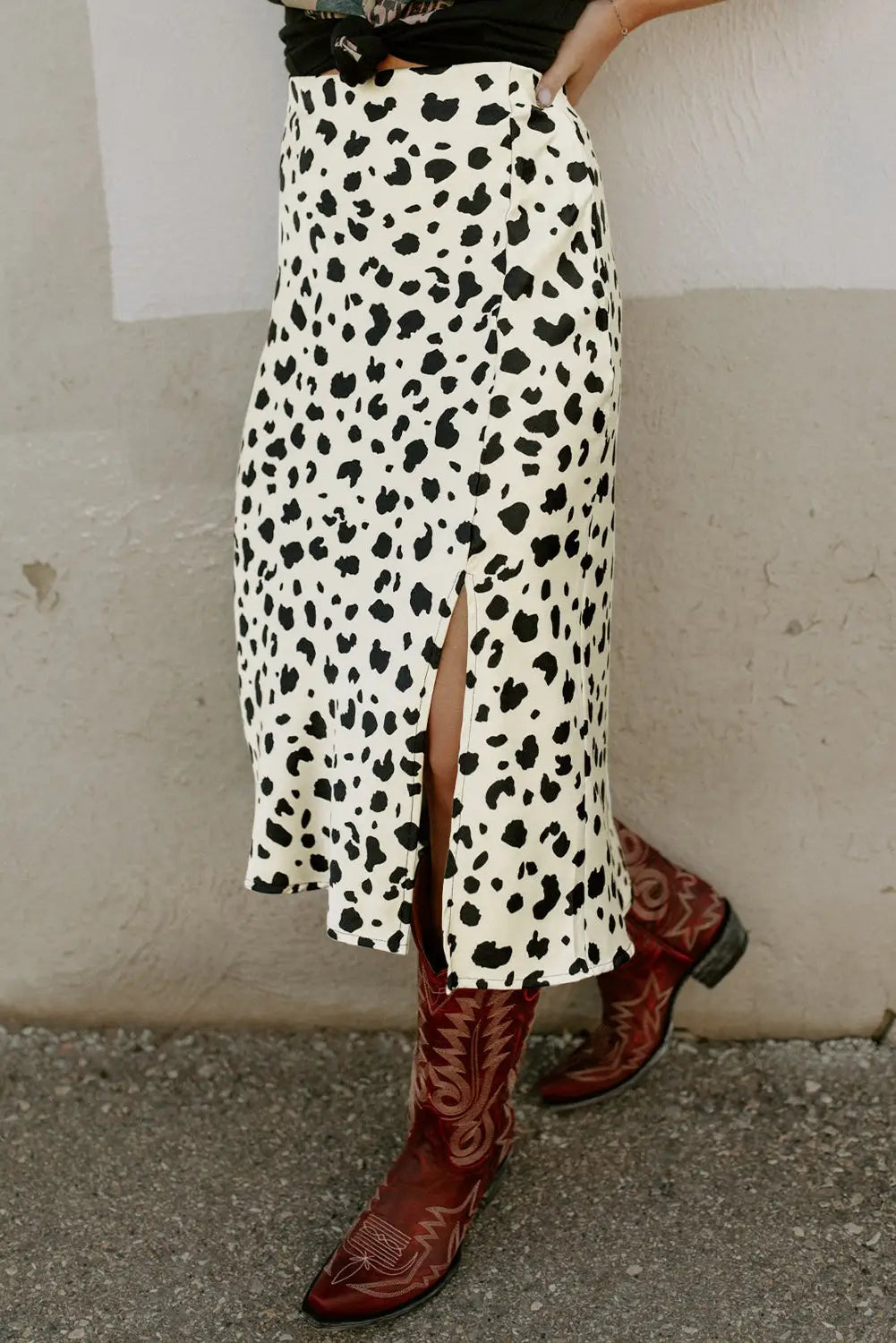 Beige leopard split hem midi skirt - s / 100% polyester - skirts