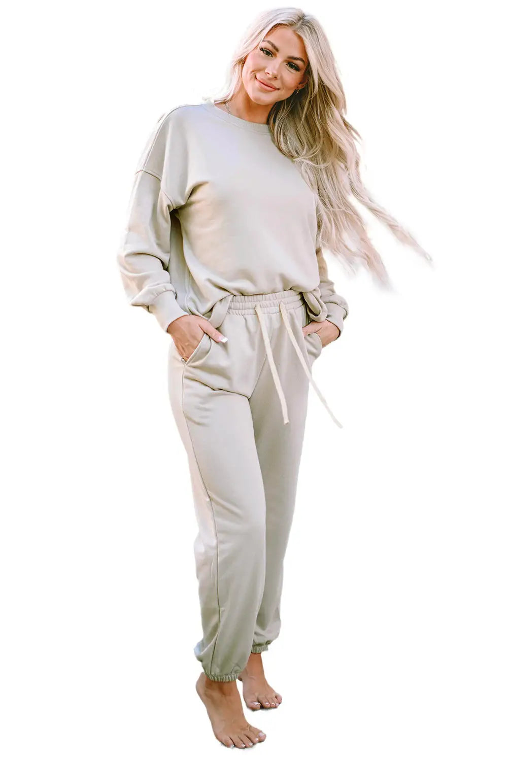 Beige long sleeve top and drawstring pants lounge outfit - loungewear