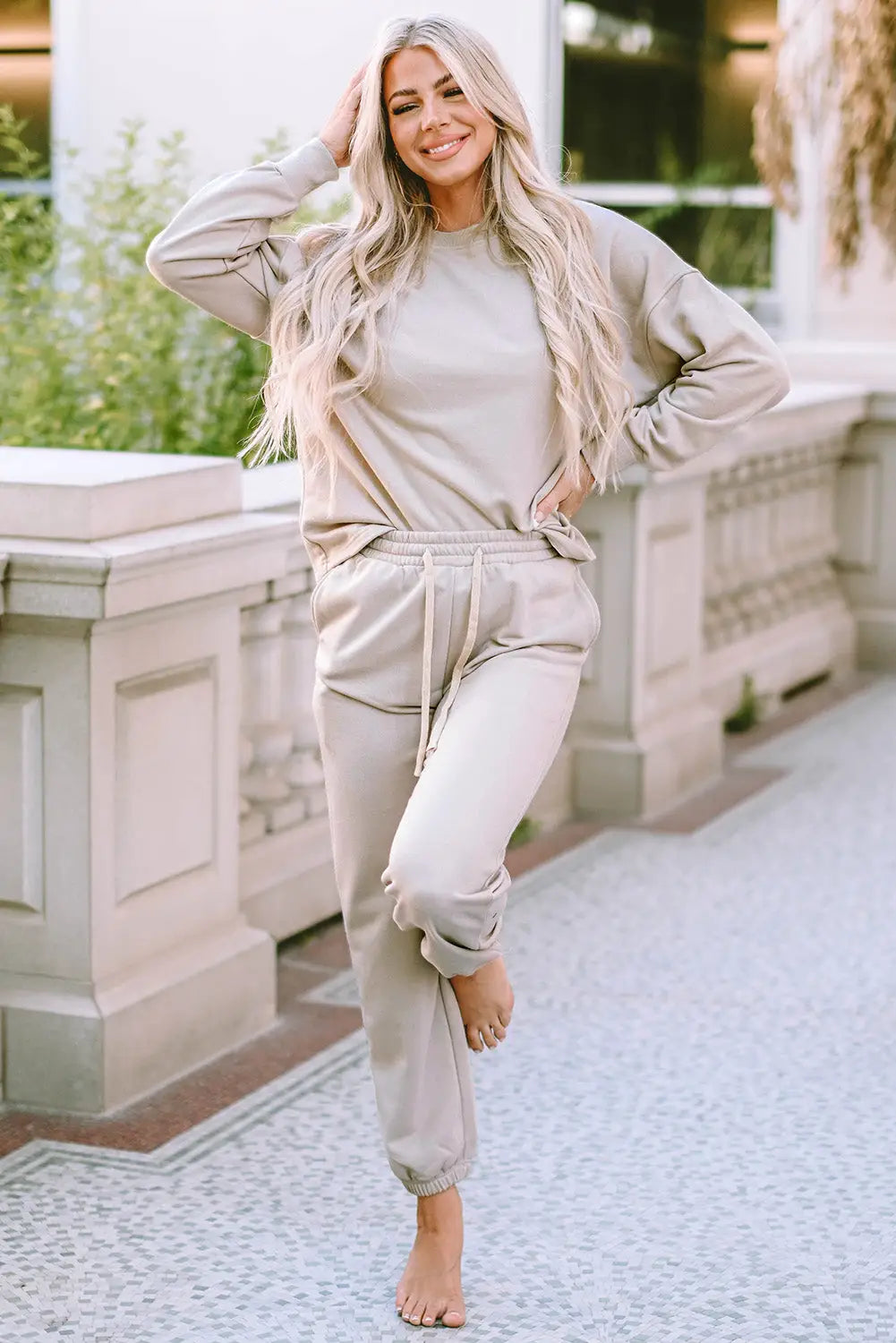Beige long sleeve top and drawstring pants lounge outfit - s 90% polyester + 10% cotton loungewear