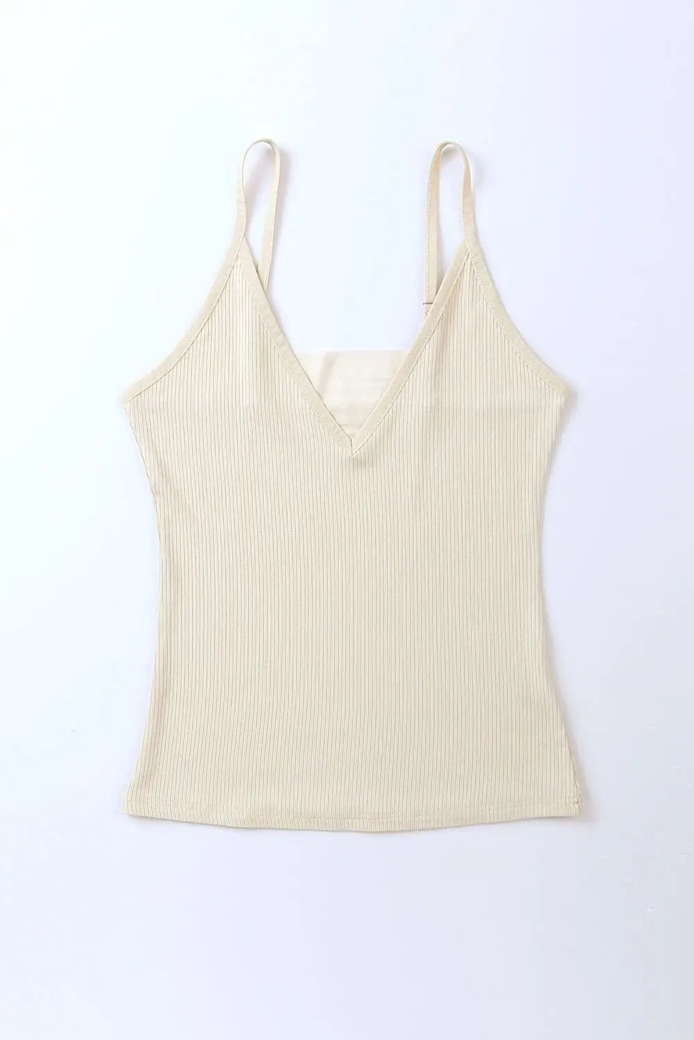 Beige mesh patch v neck ribbed knit tank top - tops
