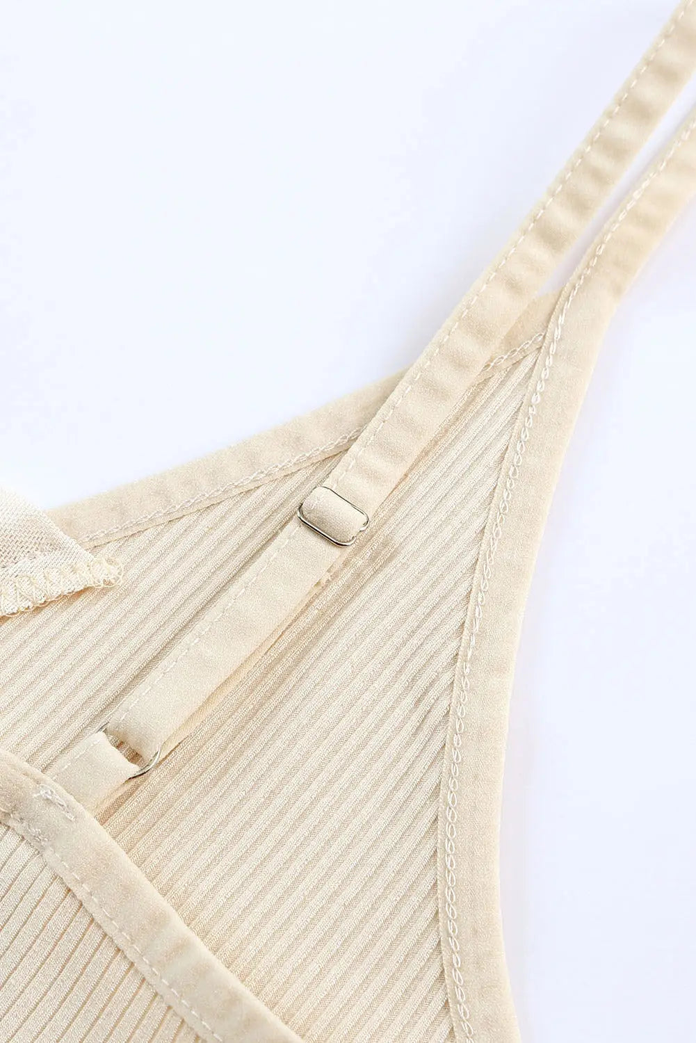 Beige mesh patch v neck ribbed knit tank top - tops