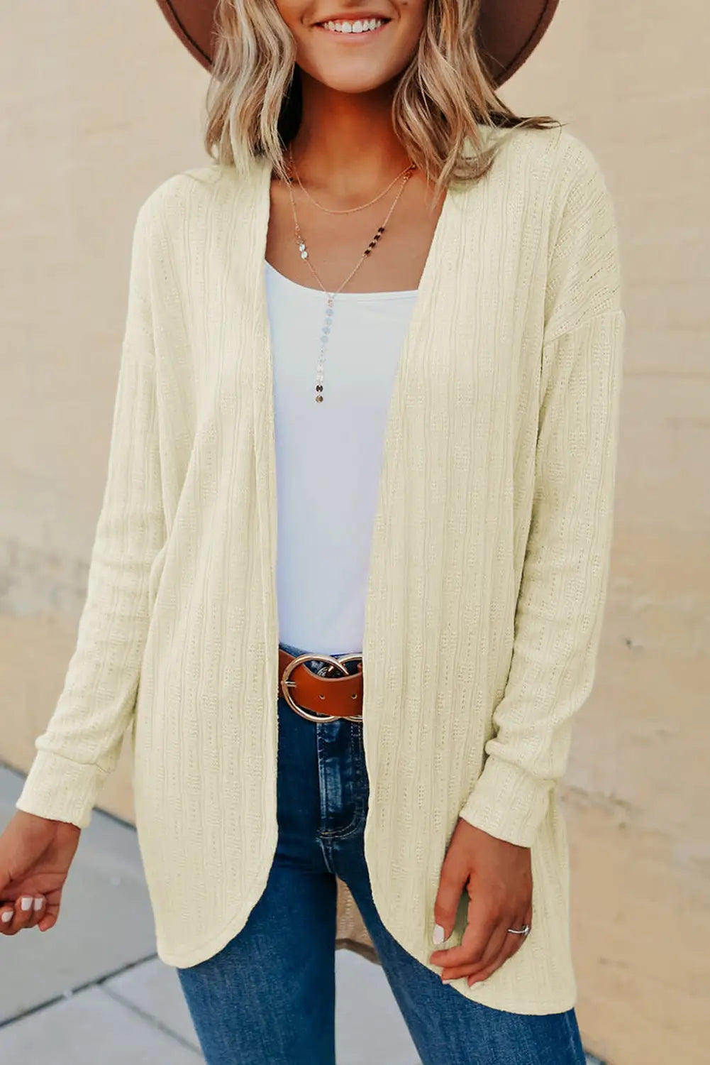 Beige open front rounded hem textured knit cardigan - s 100% polyester sweaters & cardigans