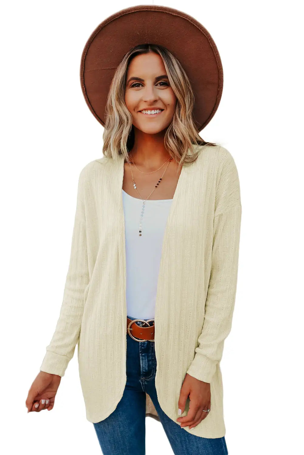 Beige open front rounded hem textured knit cardigan - sweaters & cardigans