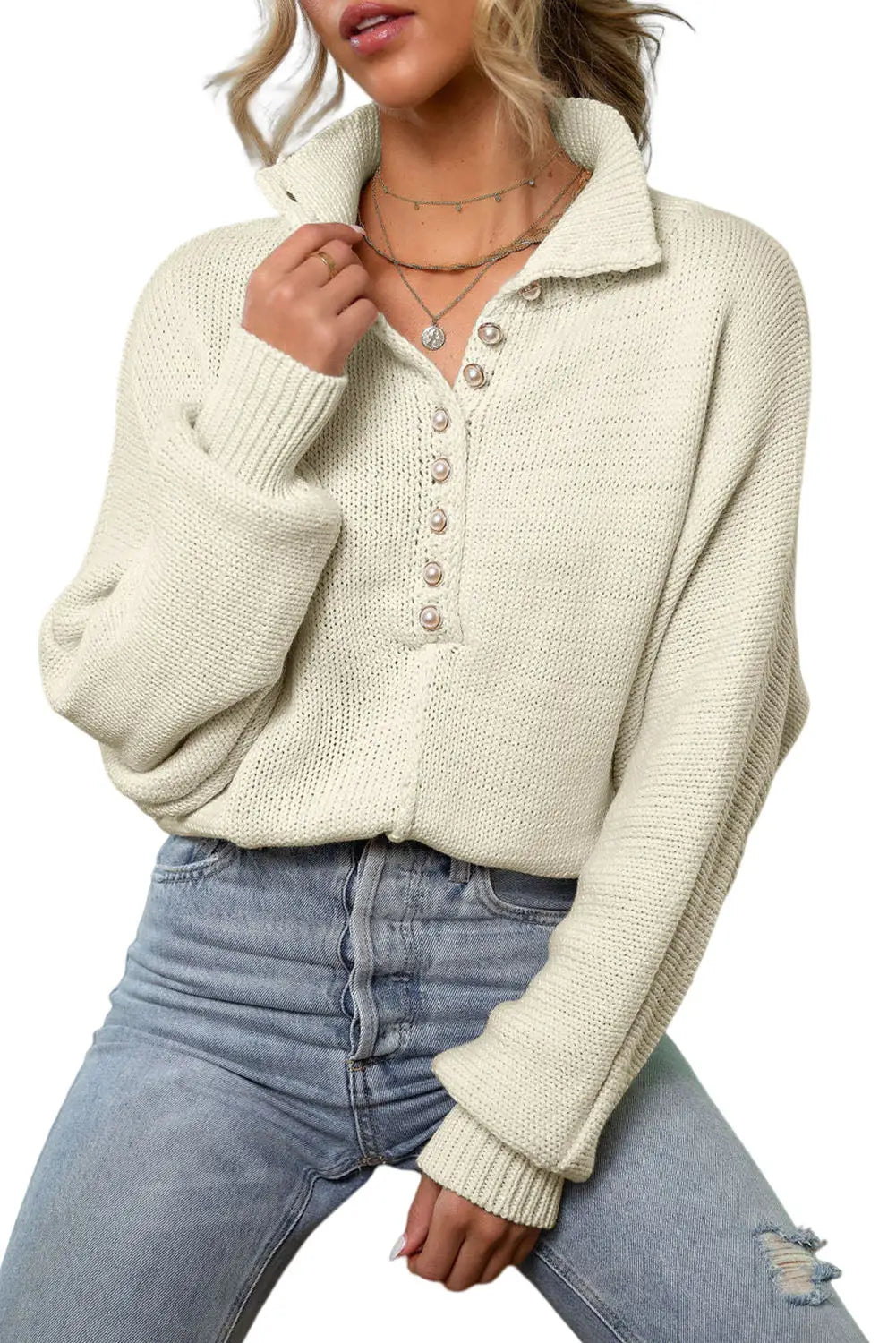 Beige pearl button stand collar dolman sleeve sweater - tops