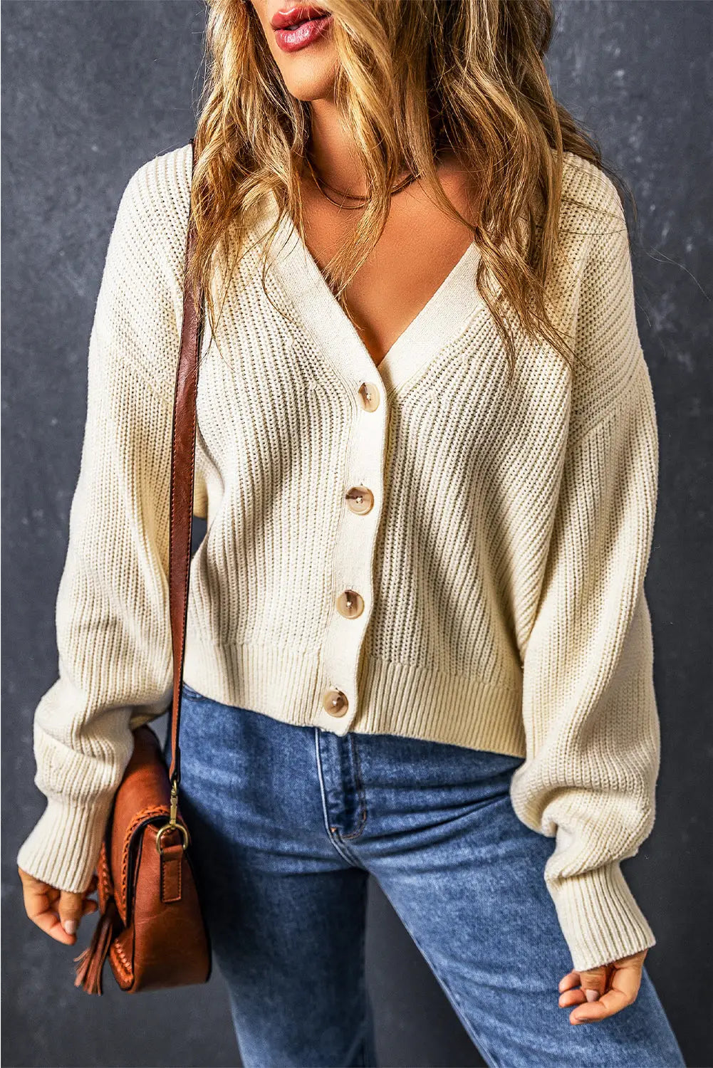 Beige plain knitted buttoned v neck cardigan - s 60% cotton + 40% acrylic sweaters & cardigans