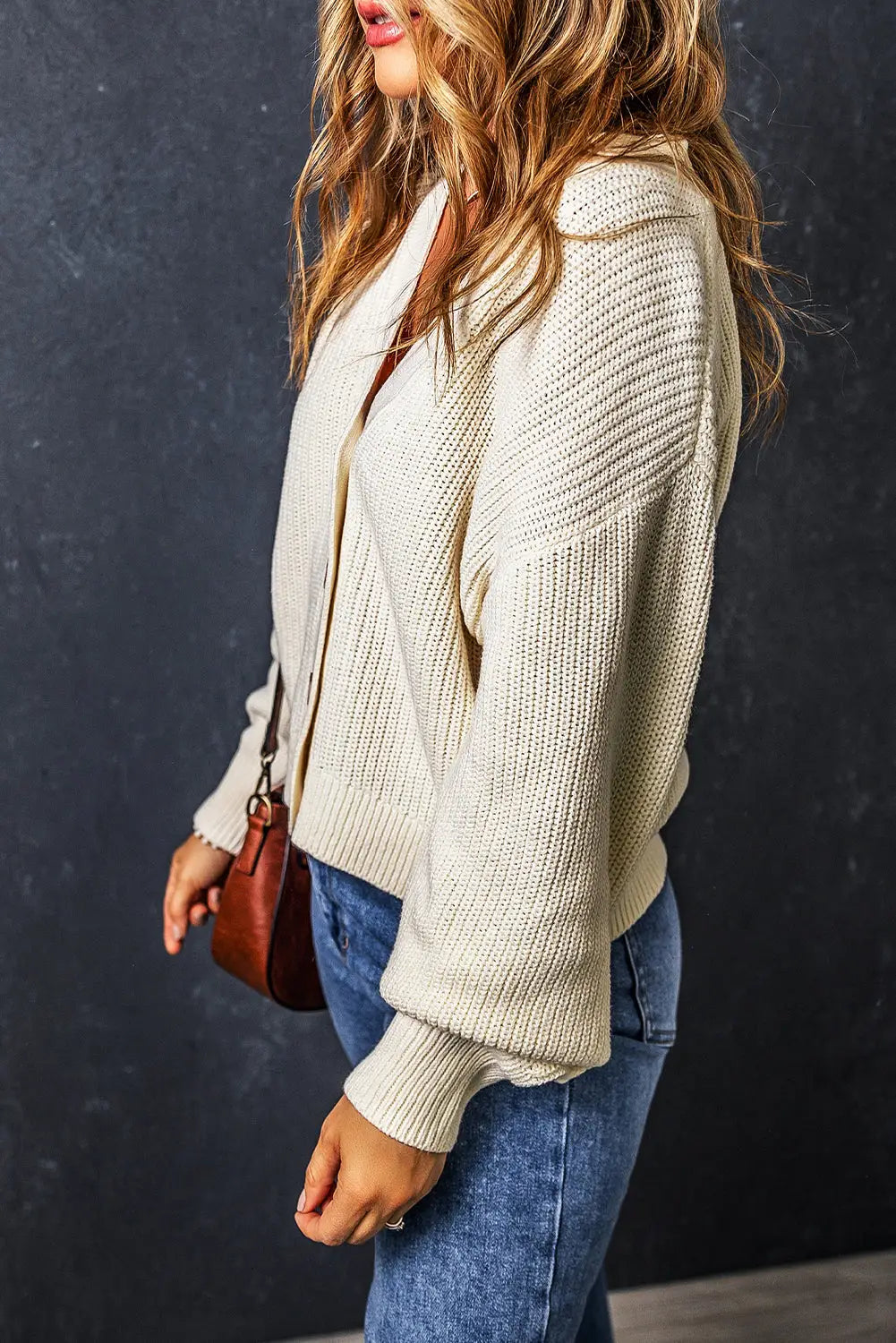 Beige plain knitted buttoned v neck cardigan - sweaters & cardigans
