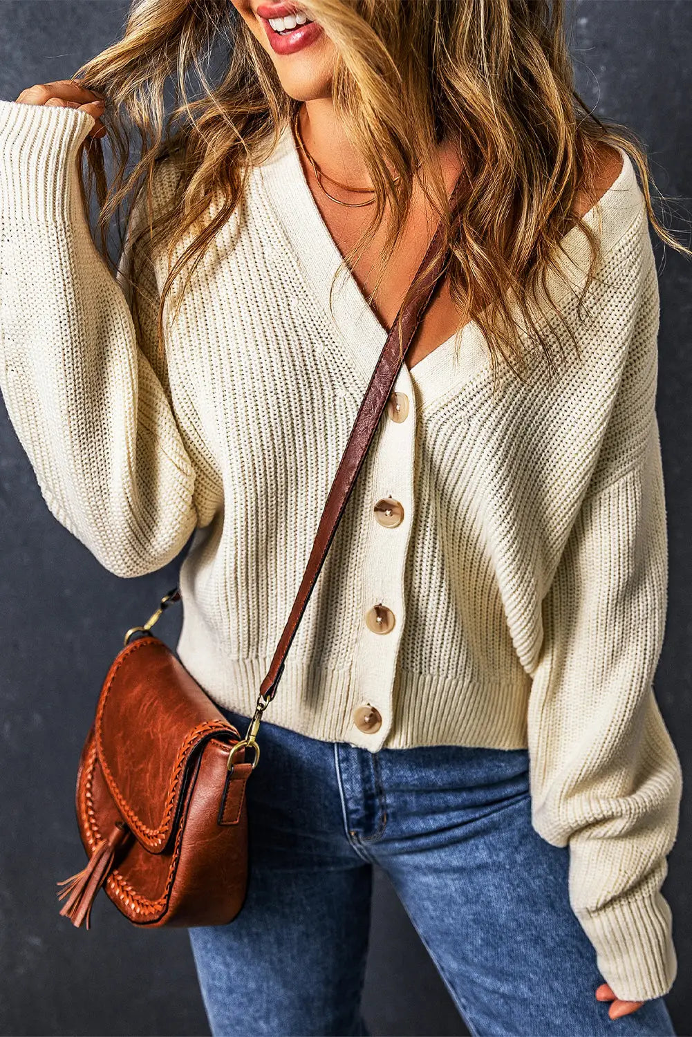 Beige plain knitted buttoned v neck cardigan - sweaters & cardigans