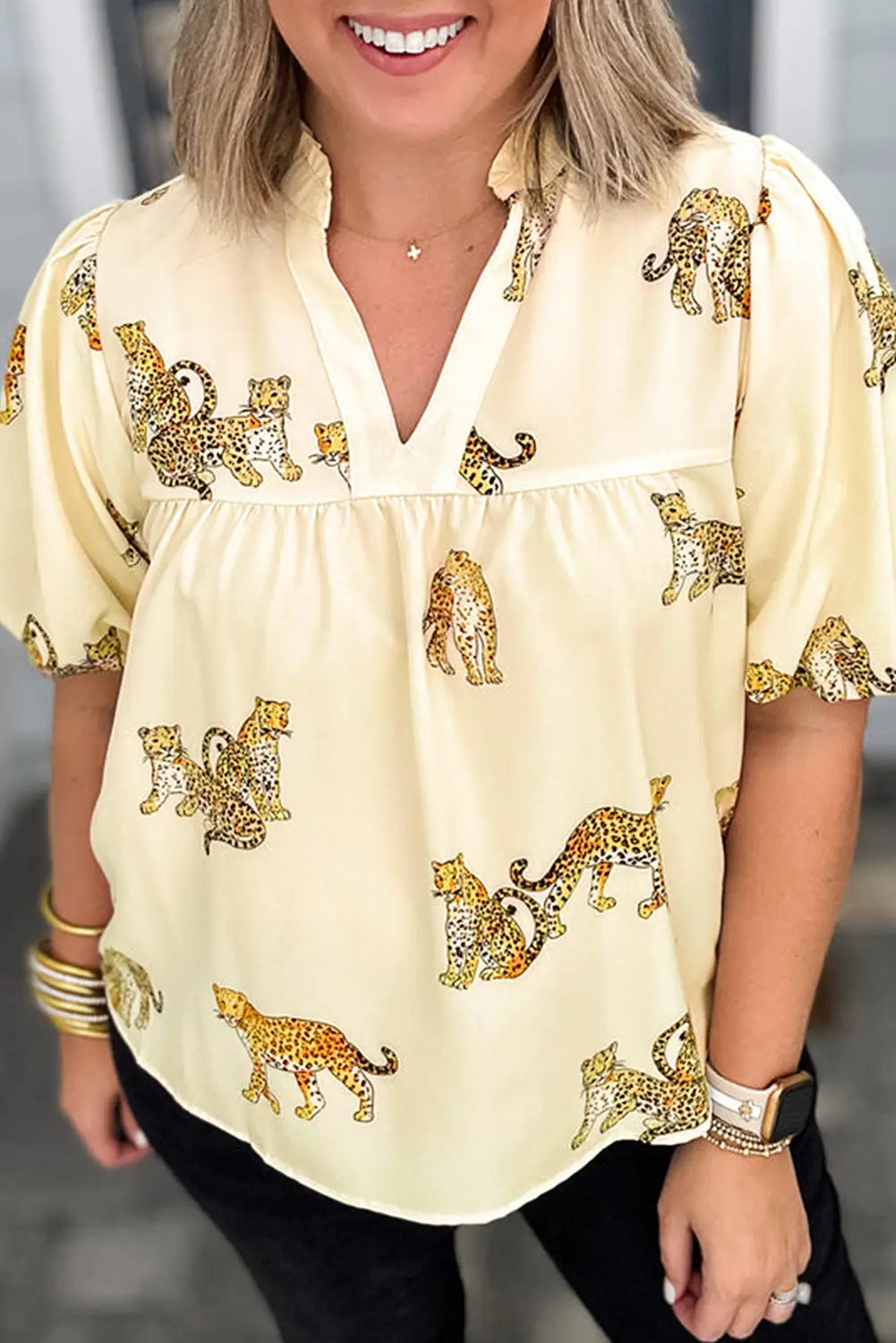 Beige plus size cheetah print short puff sleeve blouse - 1x 100% polyester
