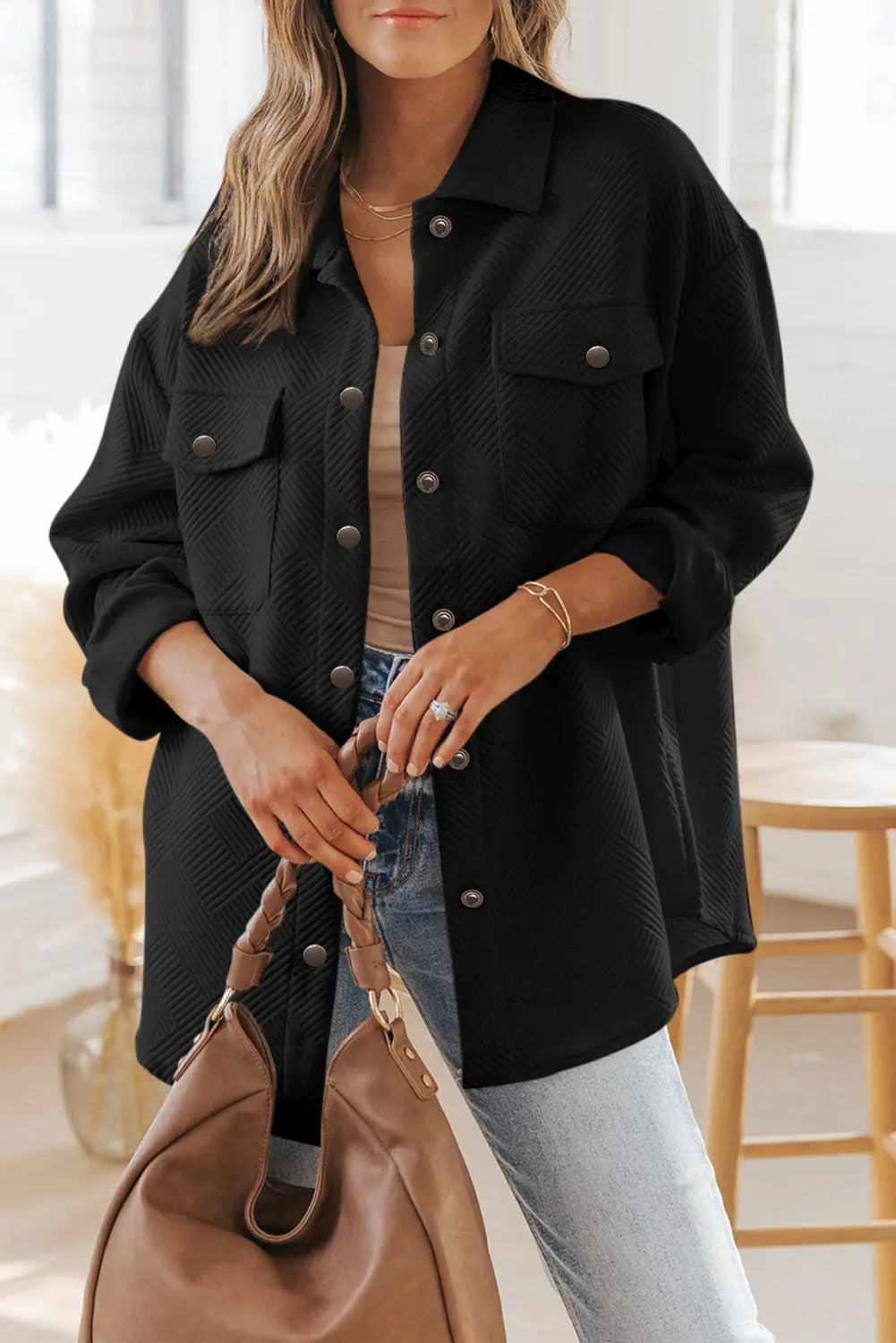 Beige plus size textured flap pockets jacket - black / 2xl 95% polyester + 5% elastane