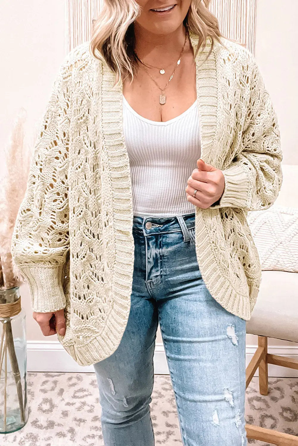 Beige plus size textured knit open ribbed trim cardigan - 1x 100% acrylic