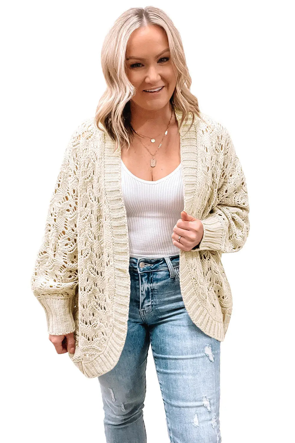 Beige plus size textured knit open ribbed trim cardigan