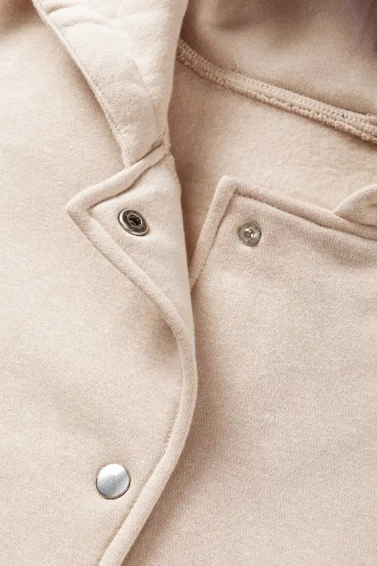 Beige solid color pocketed button up loose hoodie - tops