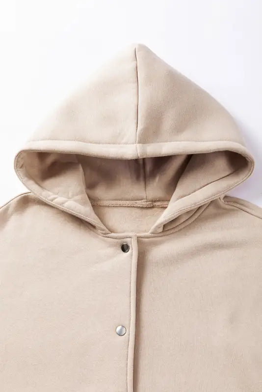 Beige solid color pocketed button up loose hoodie - tops