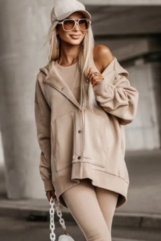 Beige solid color pocketed button up loose hoodie - tops