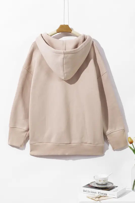 Beige solid color pocketed button up loose hoodie - tops