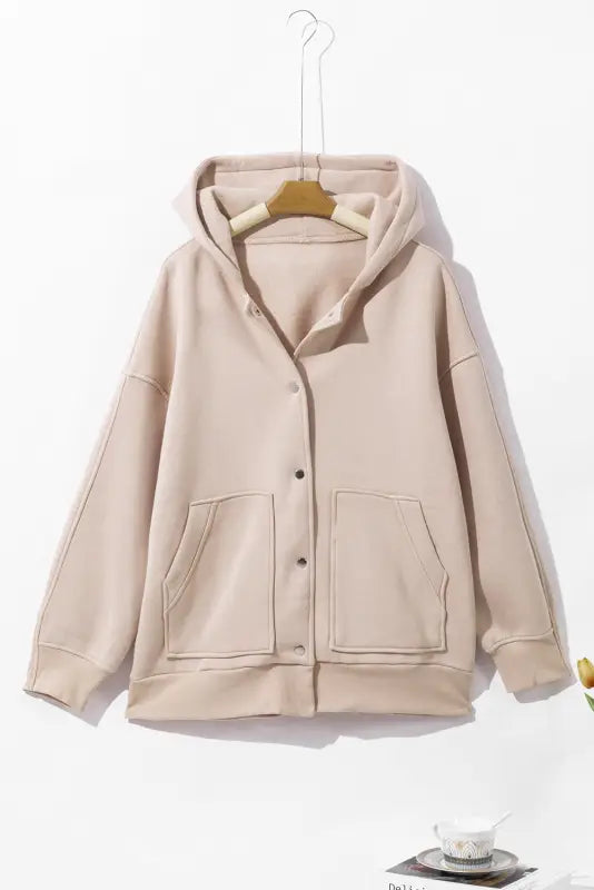 Beige solid color pocketed button up loose hoodie - tops