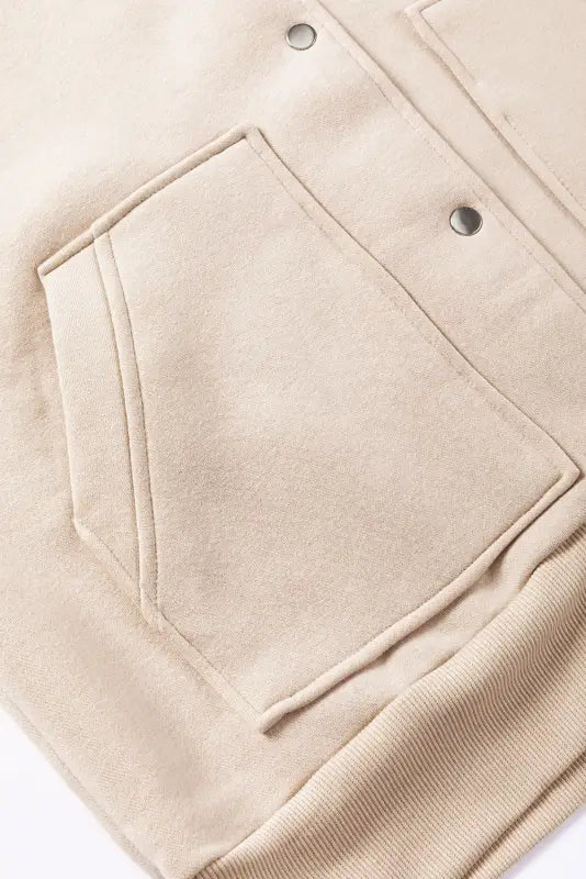 Beige solid color pocketed button up loose hoodie - tops