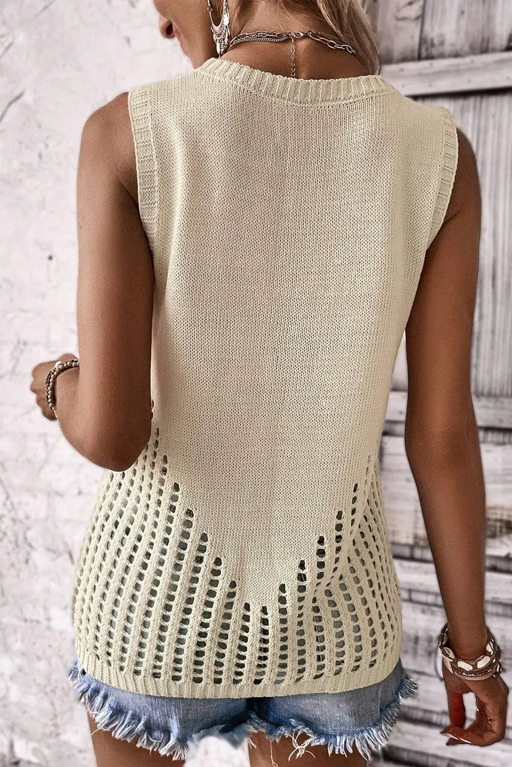 Beige pointelle detail solid color knit sweater vest - tank tops