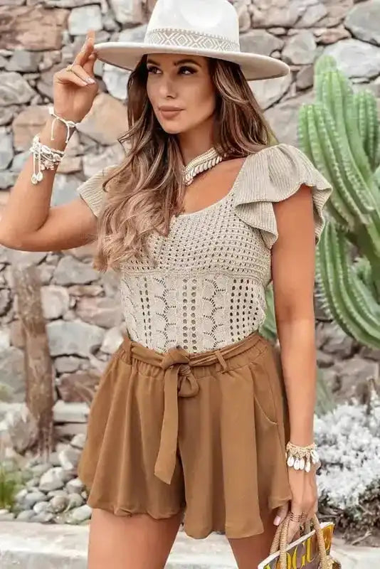 Beige Pointelle Knit Flutter Sleeve Sweater - Fashionfitz