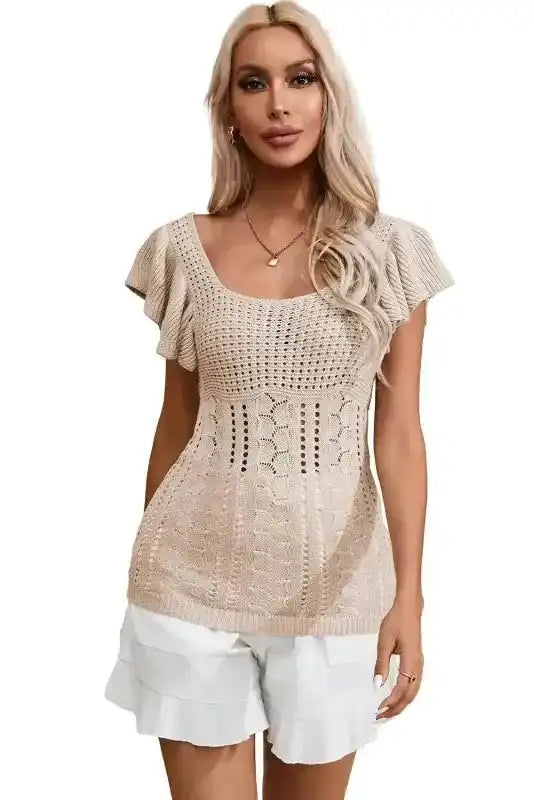 Beige Pointelle Knit Flutter Sleeve Sweater - Fashionfitz