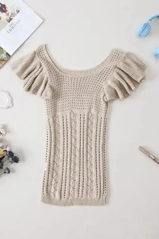 Beige Pointelle Knit Flutter Sleeve Sweater - Fashionfitz
