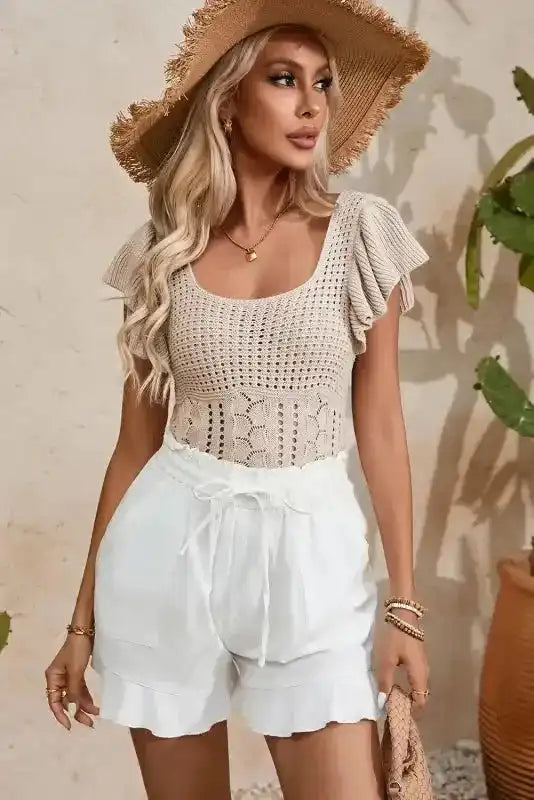 Beige Pointelle Knit Flutter Sleeve Sweater - Fashionfitz