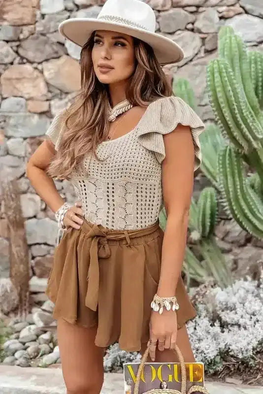 Beige Pointelle Knit Flutter Sleeve Sweater - Fashionfitz