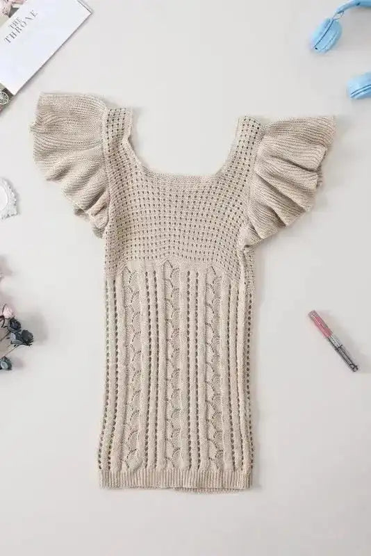 Beige Pointelle Knit Flutter Sleeve Sweater - Fashionfitz
