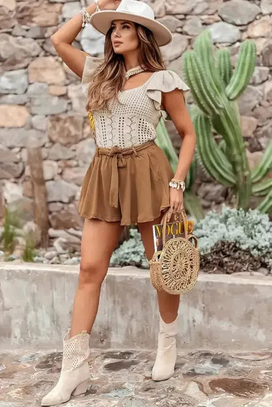 Beige Pointelle Knit Flutter Sleeve Sweater - Fashionfitz