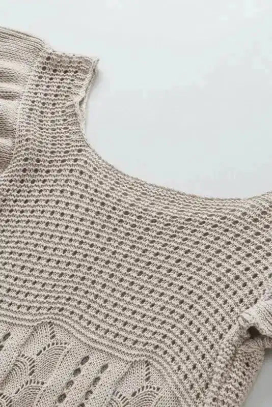 Beige Pointelle Knit Flutter Sleeve Sweater - Fashionfitz
