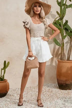 Beige Pointelle Knit Flutter Sleeve Sweater - Fashionfitz