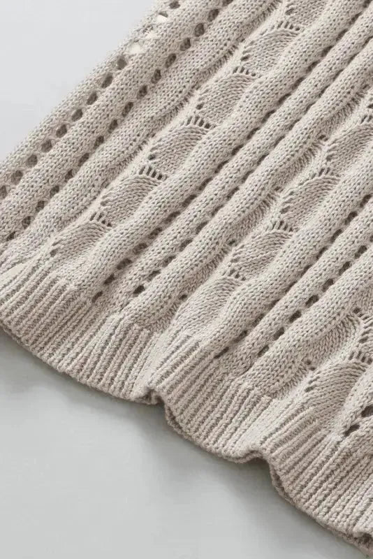 Beige Pointelle Knit Flutter Sleeve Sweater - Fashionfitz