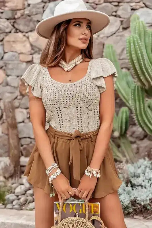 Beige Pointelle Knit Flutter Sleeve Sweater - Fashionfitz