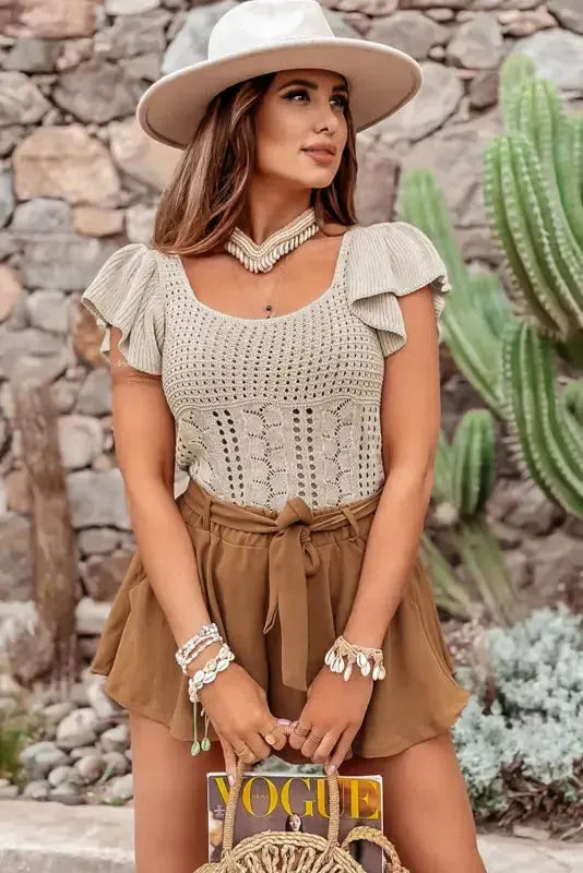 Beige Pointelle Knit Flutter Sleeve Sweater - Fashionfitz