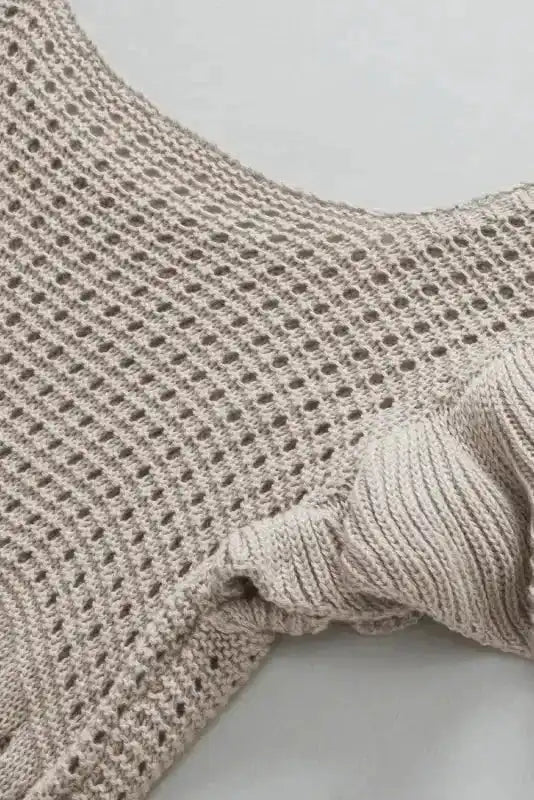 Beige Pointelle Knit Flutter Sleeve Sweater - Fashionfitz
