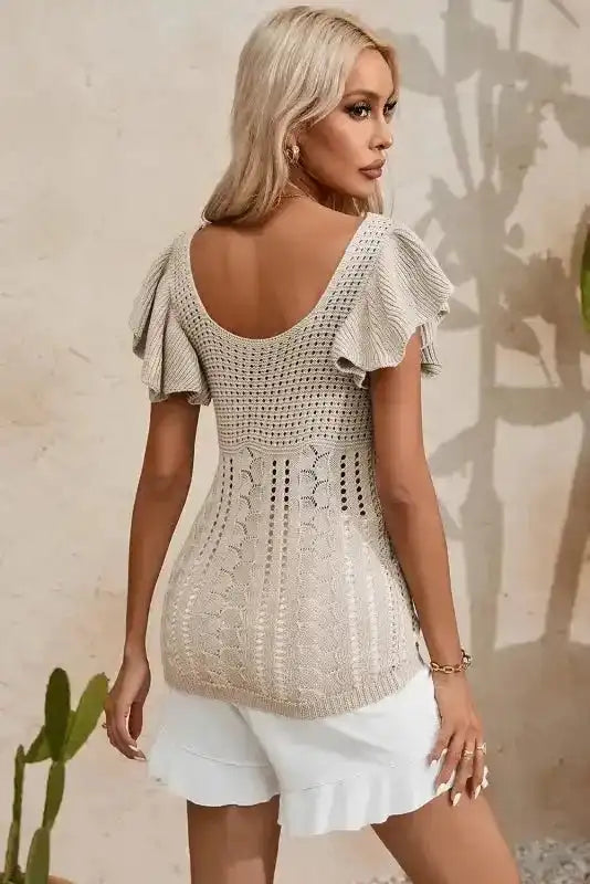 Beige Pointelle Knit Flutter Sleeve Sweater - Fashionfitz