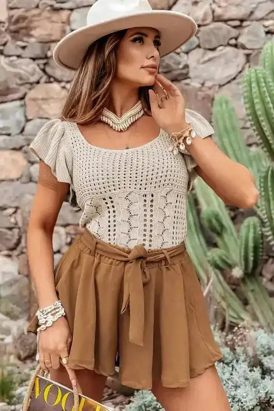 Beige Pointelle Knit Flutter Sleeve Sweater - Fashionfitz