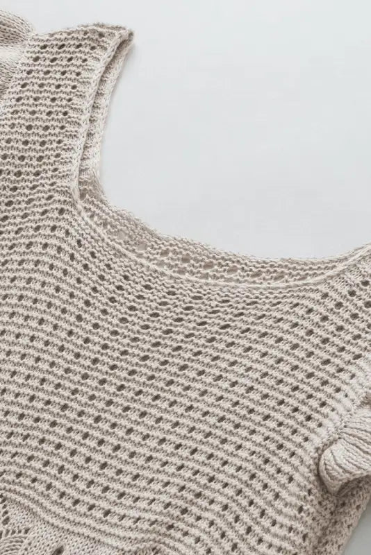 Beige pointelle knit flutter sleeve sweater - tops