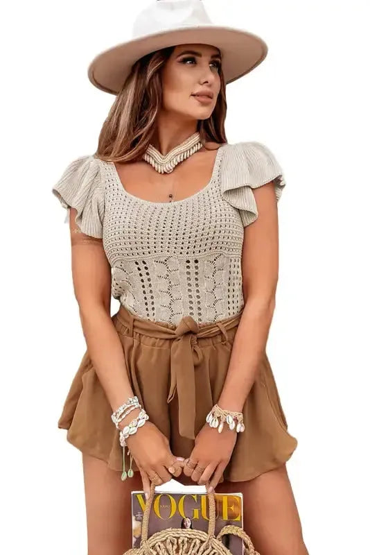 Beige Pointelle Knit Flutter Sleeve Sweater - Fashionfitz