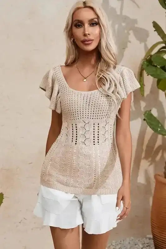 Beige Pointelle Knit Flutter Sleeve Sweater - Fashionfitz