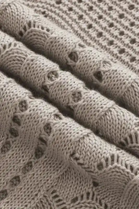 Beige Pointelle Knit Flutter Sleeve Sweater - Fashionfitz