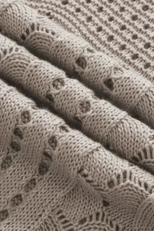 Beige Pointelle Knit Flutter Sleeve Sweater - Fashionfitz