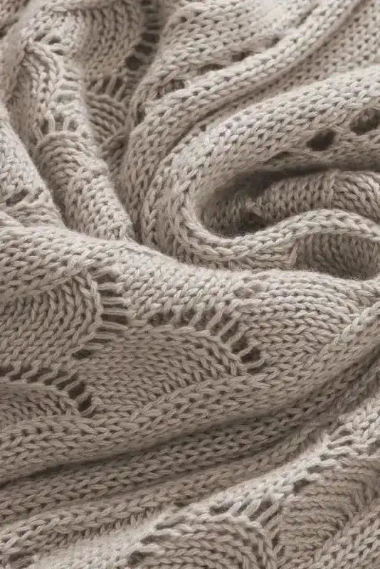 Beige Pointelle Knit Flutter Sleeve Sweater - Fashionfitz