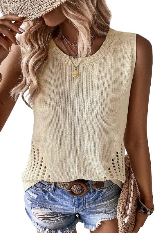 Beige pointelle detail solid color knit sweater vest - tank tops